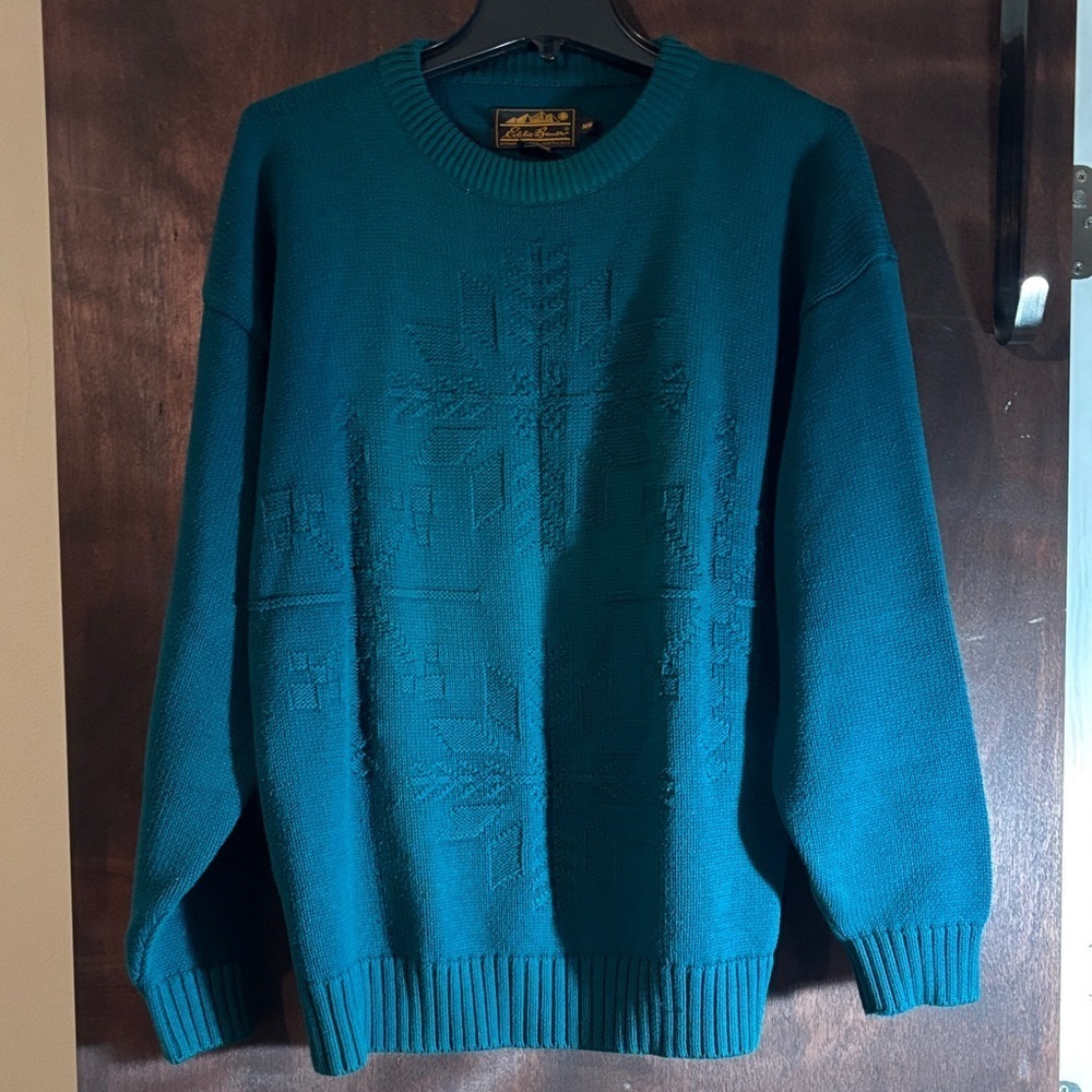 Eddie Bauer Teal 1990s Chunky Snowflake 100% Cotton Sweater